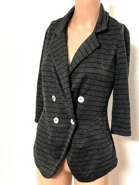 Flirtatious Women’s Gray Black Striped Blazer M Double Breasted 3/4 S